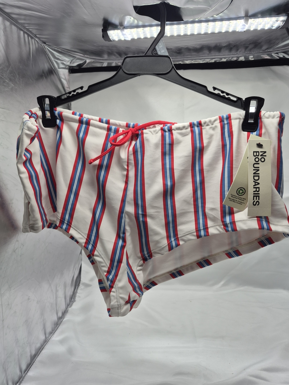 No Boundaries Women’s White Swim Shorts with Red & Blue Stripes